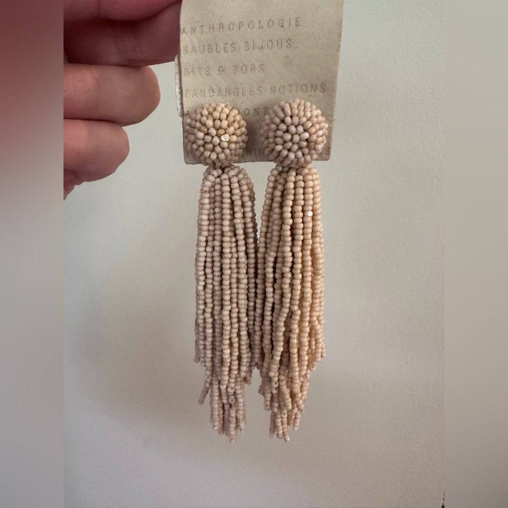 NWT Anthropologie Cream Tassel Drop Beaded Earrings